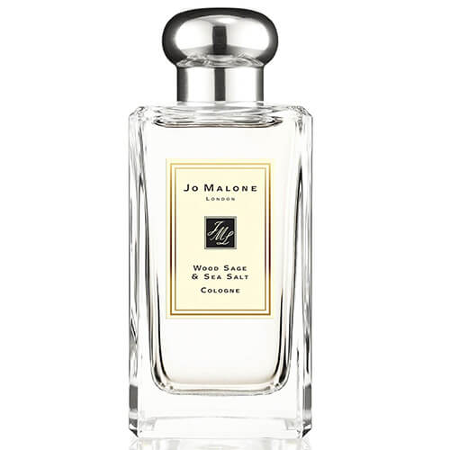 Jo Malone London Wood Sage & Sea Salt 100ml Cologne, invigorating unisex scent in a transparent rectangular bottle with silver lid, featuring wood sage, sea salt, and musky accords.