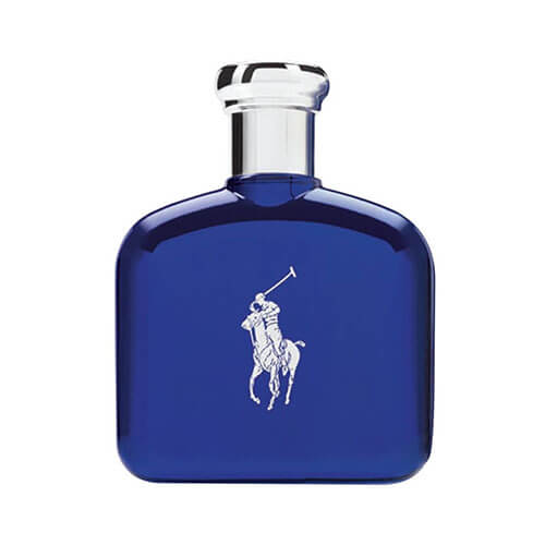 Ralph Lauren Polo Blue Eau de Toilette 125 ml: blue glass bottle with silver stopper and embossed Polo emblem.