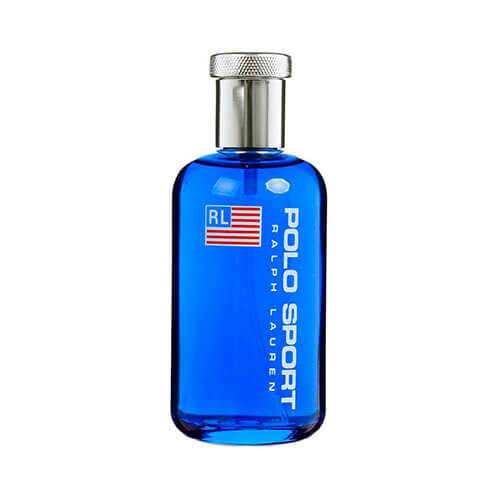 Ralph Lauren Polo Sport Eau de Toilette 125 ml, men’s fragrance in rectangular clear bottle with blue liquid and silver top.