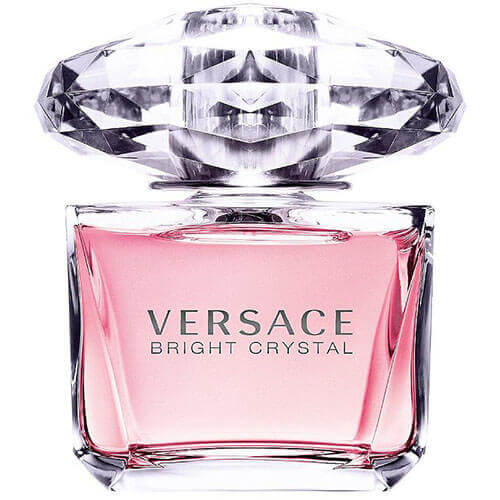 Luxury Versace Bright Crystal Eau de Toilette 90ml, showcased in a chic transparent glass flacon with pink tones and a dazzling oversized cap designed to resemble a cut crystal.