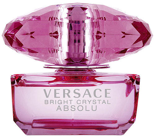 Versace Bright Crystal Absolu Eau de Parfum 90ml, showcased in a chic faceted glass flacon filled with bright pink liquid, finished with a sculpted crystal-inspired transparent cap.