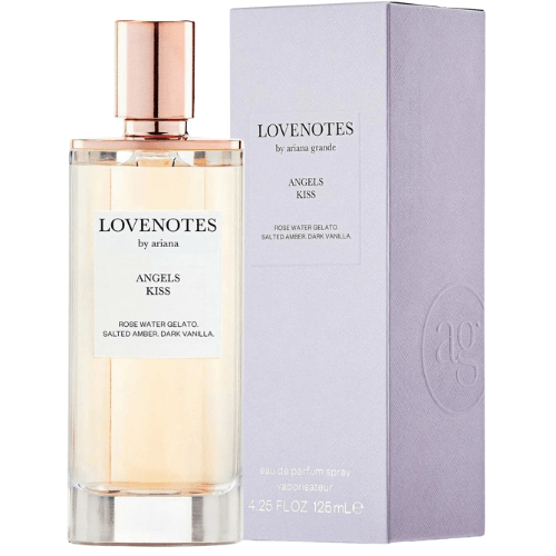 Close-up of Ariana Grande Lovenotes Angel Kiss perfume featuring elegant packaging, a dreamy floral gourmand fragrance with vanilla and musk notes for everyday wear.