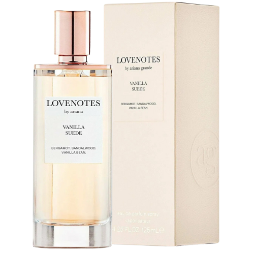 Close-up of Ariana Grande Lovenotes Vanilla Suede women’s perfume showcasing stylish bottle design, creamy vanilla notes, and a soft suede aroma.