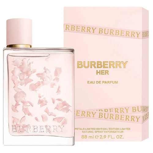 Burberry Her Petals Limited Edition perfume for women, elegant pink glass bottle showcasing a fruity floral scent in a collectible designer fragrance