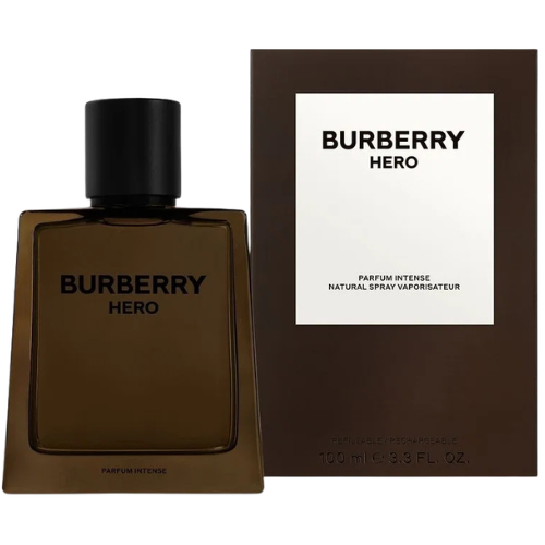 Burberry Hero Parfum Intense men’s perfume close-up, authentic Burberry fragrance with rich woody notes, premium scent for sale