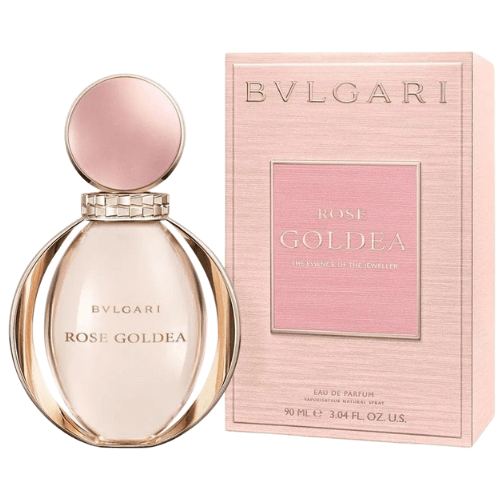 Bvlgari Rose Goldea fragrance bottle in soft lighting, highlighting its pink design and gold cap for this sensual rose-inspired women’s perfume.