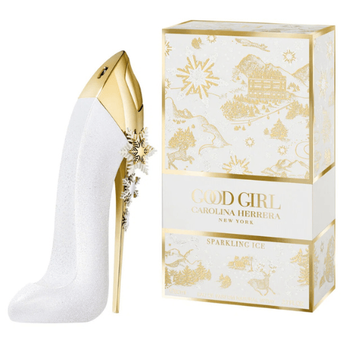 Authentic Carolina Herrera Good Girl Sparkling Ice Eau de Parfum featuring floral, gourmand, and warm vanilla notes in a dazzling collector's edition bottle, available for sale online.