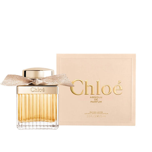 Chloé Absolu de Parfum, 75ml deep floral and gourmand fragrance in a refined clear glass bottle adorned with silver cap and elegant ribbon.