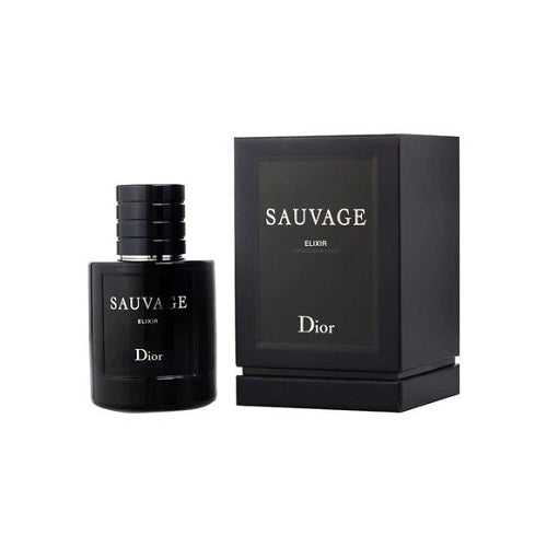 Christian Dior Sauvage Elixir Eau de Parfum, 100ml intense men’s scent with grapefruit, cinnamon, and lavender in a minimalist dark brown glass bottle with metallic cap.