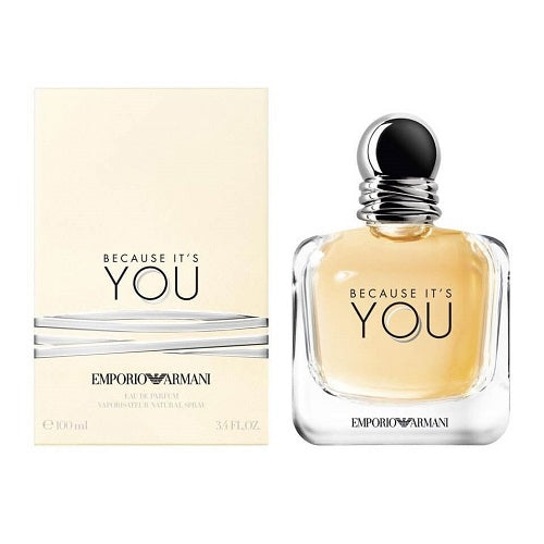 Emporio Armani Because It's You Eau de Parfum, 100ml feminine fragrance with notes of raspberry, neroli, and vanilla in a sleek transparent rectangular glass bottle