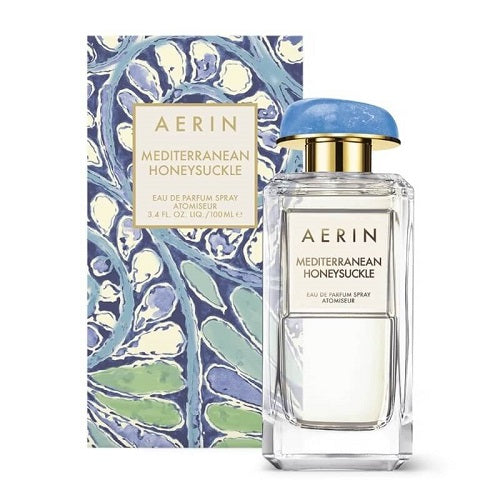 Aerin Mediterranean Honeysuckle Eau de Parfum by Estée Lauder, 100ml bright and modern fragrance for women with honeysuckle, citrus, and soft floral undertones, housed in a clear glass bottle with gold and blue cap.