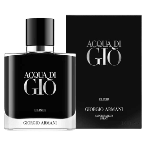 Authentic Giorgio Armani Acqua di Giò Elixir parfum for men featuring a sleek black bottle and long-lasting aquatic woody scent