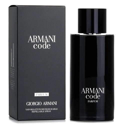 Giorgio Armani Armani Code  Parfum, 125ml masculine fragrance with notes of bergamot, star anise, and leather in a sleek dark cylindrical glass bottle with silver cap.