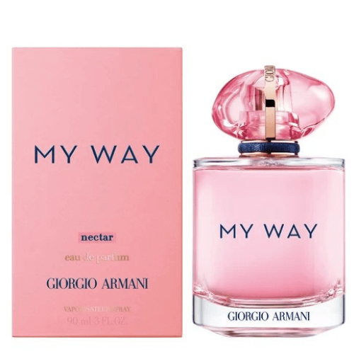 Giorgio Armani My Way Nectar eau de parfum with pink-toned bottle, showcasing its vibrant fruity-floral scent and elegant designer perfume packaging.