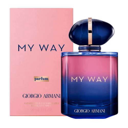 Giorgio Armani My Way Parfum eau de parfum bottle highlighting its rich pink gradient, elegant cap, and bold, long-lasting floral scent for women.