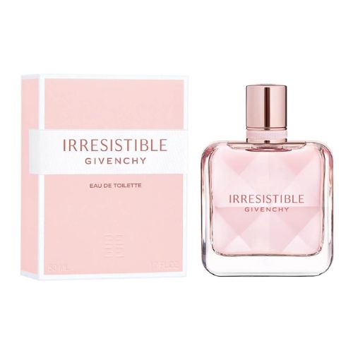 Givenchy Irresistible, 80ml Eau de Parfum for women combining rose, pear, and cedarwood notes in a minimalist transparent glass bottle.