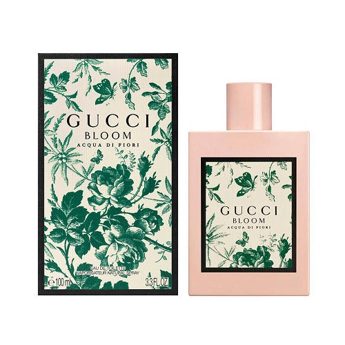 100ml Gucci Bloom Acqua di Fiori EDT, vibrant women’s perfume combining delicate floral accords in a sleek pastel green cylindrical glass bottle with gold embossed branding.