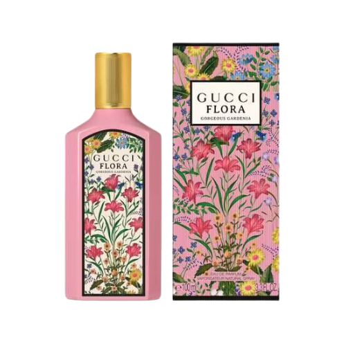 100ml Gucci Flora Gorgeous Gardenia EDP, elegant women’s perfume blending gardenia, fruity, and floral accords in a minimalist clear glass bottle with decorative gold cap.