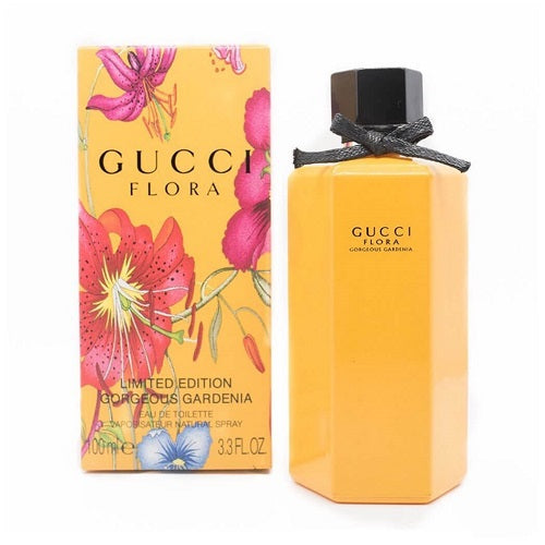 Gucci Flora Gorgeous Gardenia Limited Edition 2018 Eau de Toilette 100ml, floral-fruity women’s fragrance in a square glass bottle with pink liquid and floral-patterned packaging.