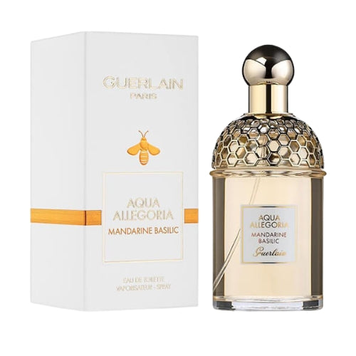 Guerlain Aqua Allegoria Mandarine Basilic Eau de Toilette 75ml, fresh unisex fragrance with notes of mandarin, basil, and green tea in a transparent cylindrical glass bottle with green accents.