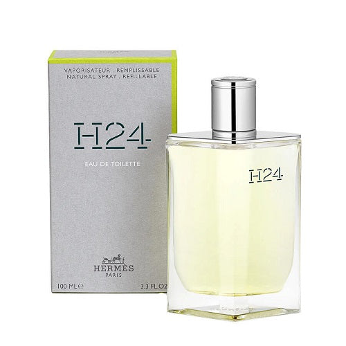 Hermès H24 Eau de Toilette 100ml, modern men’s fragrance with notes of clary sage, narcissus, and sclarene in a sleek cylindrical glass bottle with silver cap.