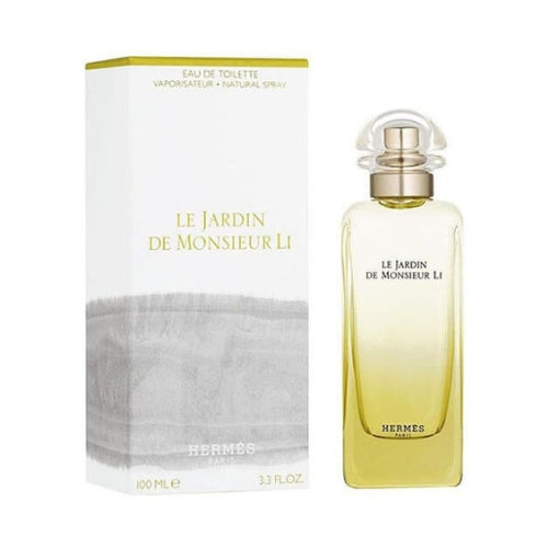 Hermès Le Jardin de Monsieur Li Eau de Toilette 100ml, fresh unisex fragrance with notes of tangerine, jasmine, and white musk in a clear rectangular glass bottle with minimalist silver cap.