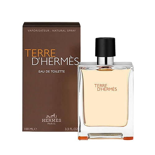 Hermès Terre d'Hermès Eau de Toilette 100ml, iconic men’s fragrance with notes of orange, vetiver, and cedar in a sleek brown rectangular glass bottle with black cap.