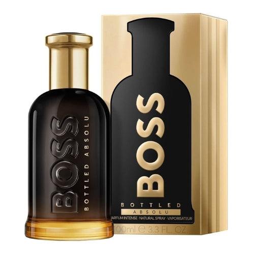 Hugo Boss Boss Bottled Absolu Parfum Intense 100ml, bold men’s fragrance with notes of apple, cinnamon, and warm woods in a sleek dark amber rectangular glass bottle with metallic cap.