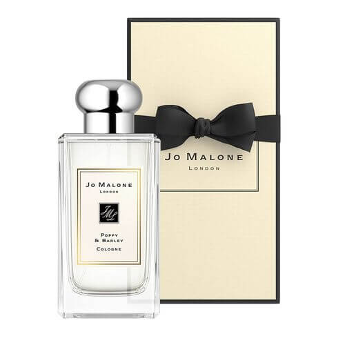 Jo Malone London Poppy & Barley 100ml Cologne, refreshing unisex scent in a transparent rectangular bottle with silver lid, featuring poppy, barley, and soft floral notes.