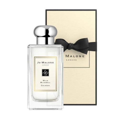 Jo Malone London Wild Bluebell Cologne 100ml, unisex fragrance with notes of fresh wild bluebell flowers, green leafy accents, and soft musky undertones in a clear rectangular glass bottle with silver cap.