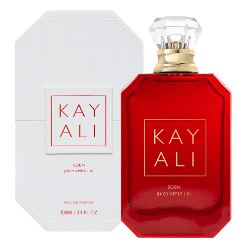 Close-up of Kayali Eden Juicy Apple 01 perfume showcasing stylish packaging, crisp apple and sweet floral notes, and a vibrant feminine scent.