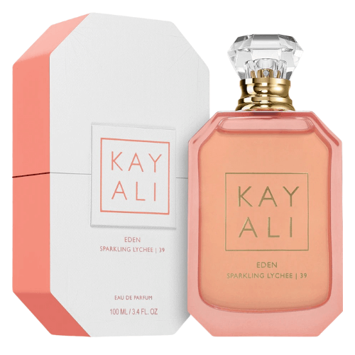 Close-up of Kayali Eden Sparkling Lychee 39 perfume showcasing stylish packaging, juicy lychee and floral notes, and a fresh feminine scent.