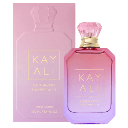Close-up of Kayali Fleur Majesty Rose Royale 31 perfume showcasing refined packaging, rich rose and soft peony notes, and a feminine scent.