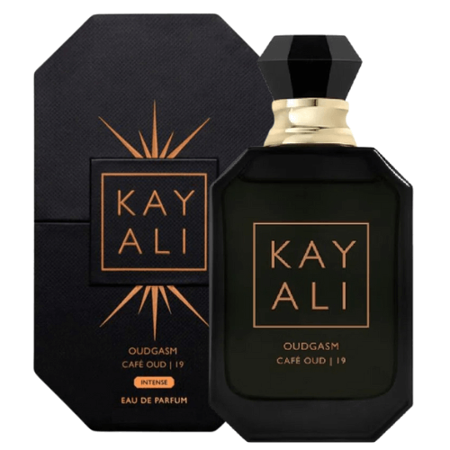 Close-up of Kayali Oudgasm Café Oud 19 perfume showcasing luxurious packaging, warm spices, creamy sweetness, and a bold oriental scent.
