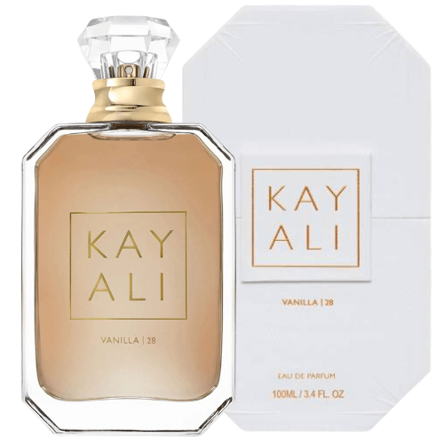 Close-up of Kayali Vanilla 28 perfume showcasing luxurious packaging, rich vanilla orchid and brown sugar notes, and a cozy feminine scent.