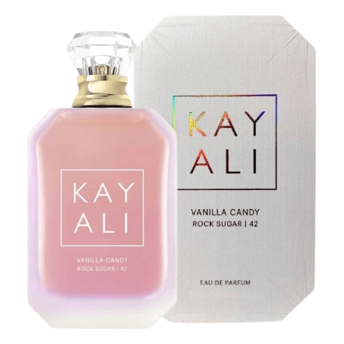 Close-up of Kayali Vanilla Candy Rock Sugar 42 perfume showcasing colorful packaging, candied sugar and creamy vanilla notes, and a fun feminine scent.