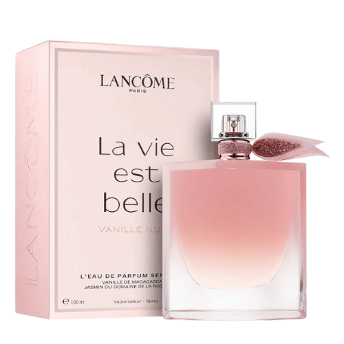 Lancôme La Vie Est Belle Vanille Nude perfume for women, presented with warm hues that reflect its sweet vanilla and floral notes.