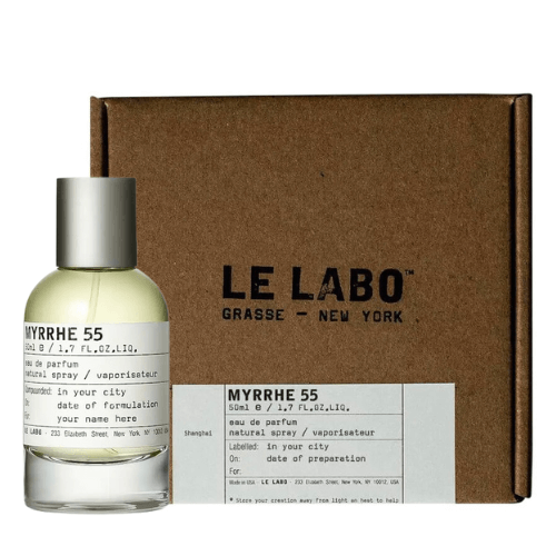 Le Labo Myrrhe 55 Eau de Parfum 100ml, a bold and refined scent blending deep myrrh with soft woody and amber notes.