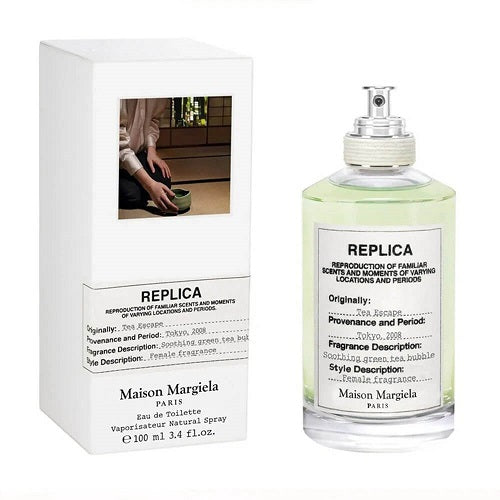 Maison Margiela Replica Tea Escape 100ml Eau de Toilette, a serene perfume for men and women blending refreshing green tea, delicate floral accents, and light musky undertones.
