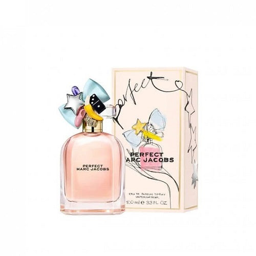 Marc Jacobs Perfect 100 ml Eau de Parfum, clear glass bottle with pink-tinted fragrance and decorative daisy on top.