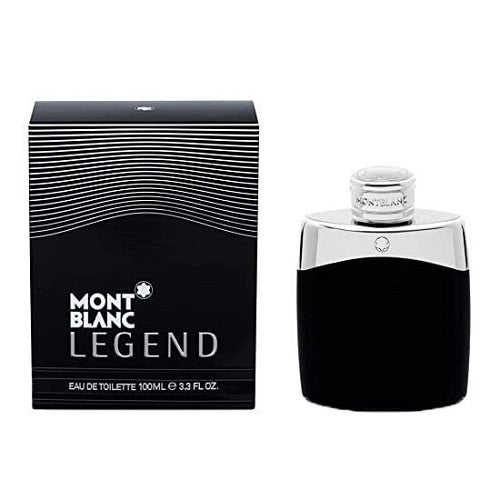 Montblanc Legend 100 ml Eau de Toilette, rectangular dark blue glass bottle with metallic silver cap and minimalist branding.
