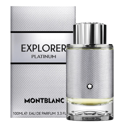 Montblanc Explorer Platinum men’s fragrance bottle with metallic silver details, showcasing the fresh woody-aromatic scent and premium designer cologne branding.