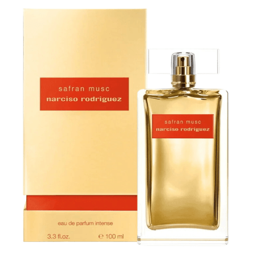 Narciso Rodriguez Safran Musc designer perfume with warm saffron amber and musk notes elegant luxury scent bottle.