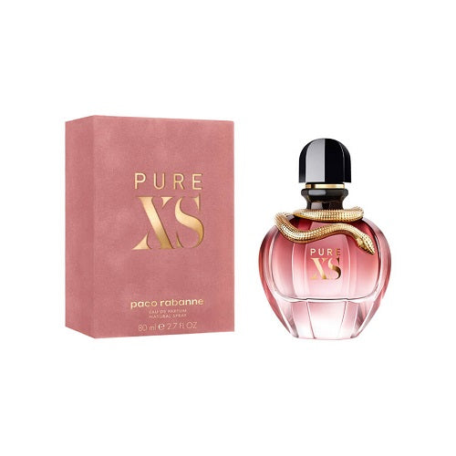 Paco Rabanne Pure XS for Her Eau de Parfum 80 ml: rounded pink glass bottle with gold snake wrapped around the cap.