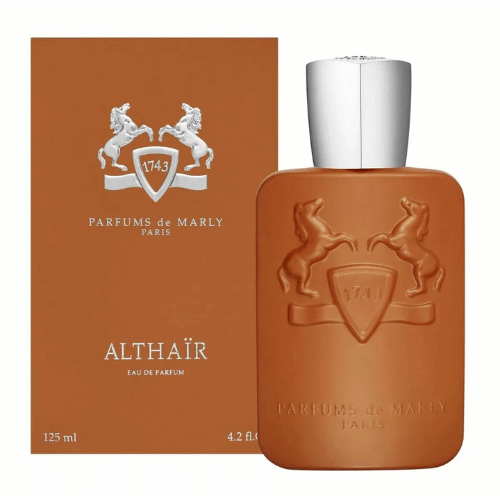 Luxurious Parfums de Marly Althaïr fragrance showcasing elegant packaging and a rich blend of vanilla, praline, and amber woods.