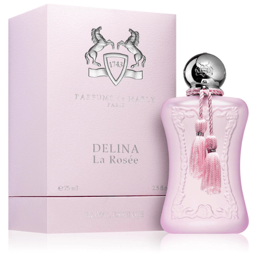Elegant Parfums de Marly Delina La Rosée perfume bottle in soft pink, showcasing a fresh floral scent inspired by modern femininity.