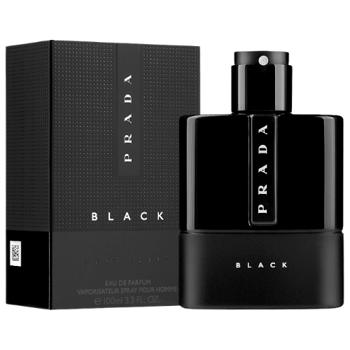 Prada Luna Rossa Black eau de parfum bottle captured in a minimalist setting, focusing on its premium design and modern masculine appeal.