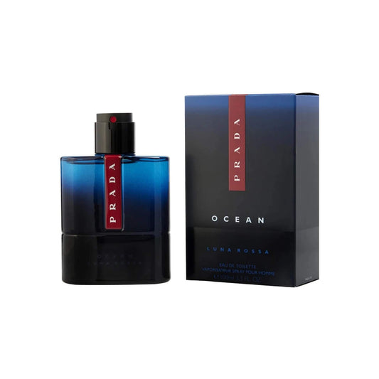 A luxurious bottle of Prada Luna Rossa Ocean perfume for men, blending marine notes, iris, and vetiver for a clean, modern scent.