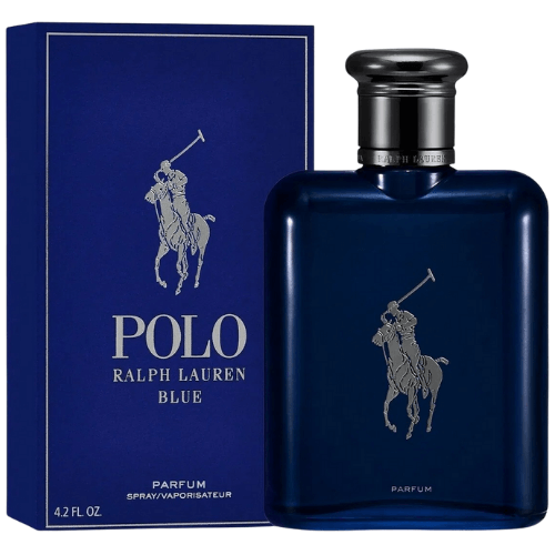 Ralph Lauren Polo Blue Parfum men’s perfume bottle, luxury designer fragrance featuring fresh, woody, and amber accords