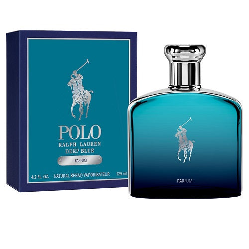 Ralph Lauren Polo Deep Blue Parfum 125 ml: deep navy rectangular glass bottle with silver cap and embossed Polo logo.